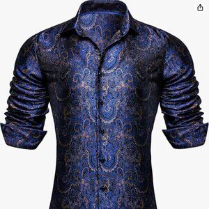 Barry.Wang Luxury Blue Golden Paisley Shirt for Men size L